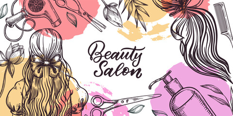 Hair beauty salon banner, poster, flyer design. Hairdresser tools, cosmetics, long hair woman vector sketch illustration