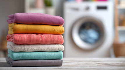 colorful folded clothes stacked in front of washing machine — ideal for use in laundry service promotions, cleaning product advertisements, home organization blogs, or household care visuals