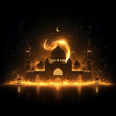 Glowing mosque at night, crescent moon, stars