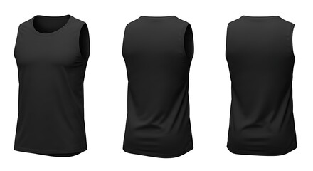 Black sleeveless tank top, front, side, and back view, isolated on white background
