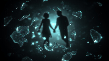 silhouetted couple holding hands behind floating shards of glass — ideal for book covers, relationship drama posters, conceptual art on fragility, emotional storytelling, or mental health awareness