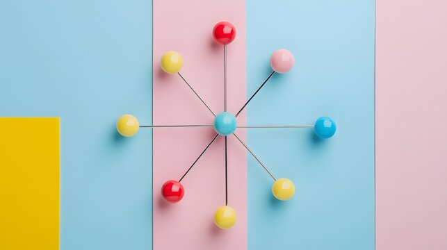Abstract Minimalist Composition of Colorful Spherical Pins Radiating on a Pastel Geometric Background