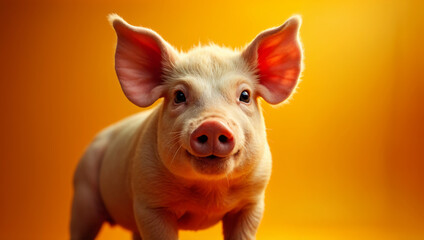 Adorable piglet with big ears and friendly expression on orange backdrop