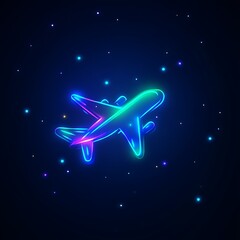Glowing neon airplane icon on dark background