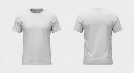 A realistic white tshirt shown from the front and back, isolated on a light gray background