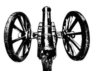 Old bronze cannon with wooden wheels isolated graphic