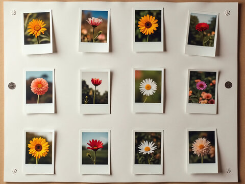 "Flat lay or lifestyle scene showing a wall or corkboard with a grid of Polaroid photos, each capturing different flowers in various settings, ideal for creative, nostalgic