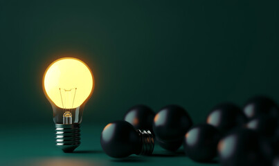 One glowing light bulb shines brightly among the dark bulbs on a pastel green background, symbolizing creativity and new ideas