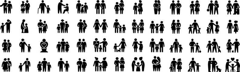 Diverse Family Icons Modern, Bold, Black Glyph Style Illustrations Representing Various Family Structures and Dynamics.

