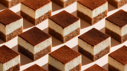 Square tiramisu cubes with layered mascarpone and coffee-soaked sponge, topped with cocoa powder, arranged neatly on soft pastel background.