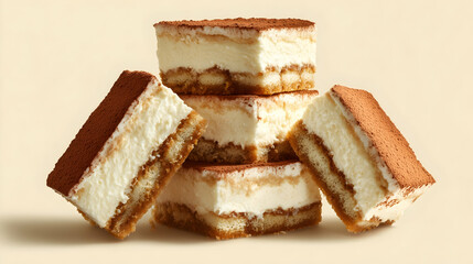 Closeup of creamy tiramisu slices stacked on light background. Layered Italian dessert made with mascarpone, coffee-soaked sponge cake, and cocoa powder.