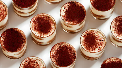 Mini tiramisu desserts served in glass cups, topped with cocoa powder. Classic Italian layered dessert with cream and coffee flavor on white background.