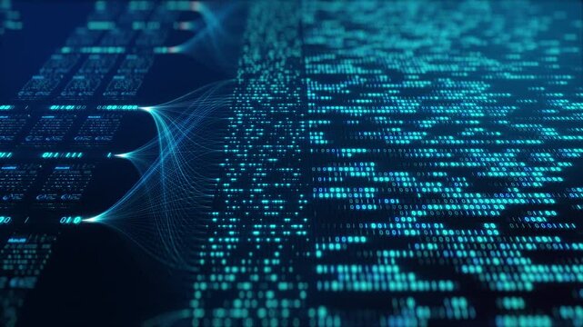 Neural Network Big Data Flow Visualization, Binary Code Matrix, AI Machine Learning Abstract Background, Quantum Computing, Cyber Security, Futuristic Technology Artificial Intelligence Digital Grid