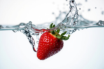 Strawberry falling in water on white background