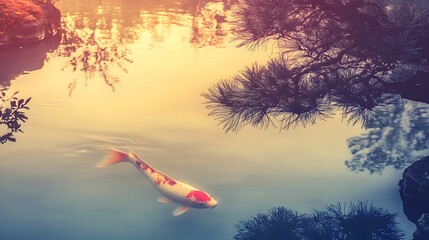 Obraz premium Serene Japanese Garden Pond with a Graceful Koi Fish Swimming Amidst Golden Water Reflections and Silhouetted Pines
