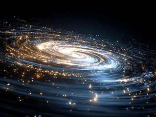 Abstract spiral galaxy made of glowing blue and gold light particles