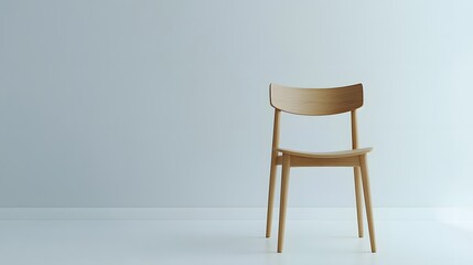 Tranquil Minimalist Interior Scene with a Sleek Wooden Chair and Soft Blue Cushion Bathed in Sunlight