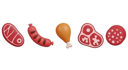 Cartoon meat assortment isolated on white background