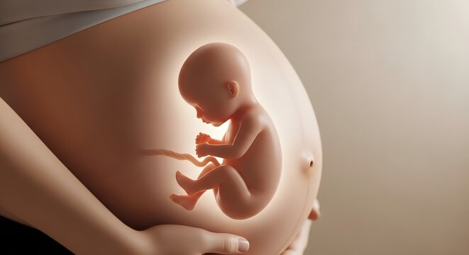3D rendered image of a baby fetus inside a womb with soft lighting and realistic anatomical detail