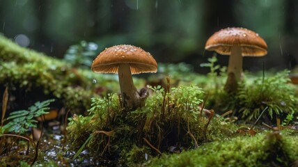 Two mushrooms grow on a mossy forest floor, surrounded by lush greenery and raindrops falling softly in the background.