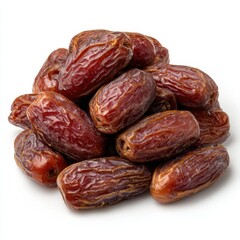 A pile of dried medjool dates with wrinkled skin and rich brown color isolated on white background