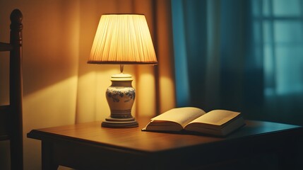 Cozy Nightstand Scene with a Warmly Lit Traditional Lamp and an Open Book for a Relaxing Evening