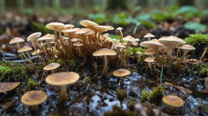 A cluster of small mushrooms grows on a forest floor, surrounded by moss and fallen leaves, showcasing natural beauty and biodiversity.