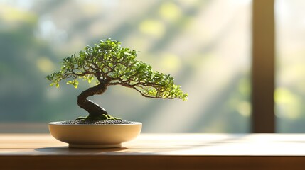Exquisite Minimalist Japanese Bonsai Tree with Lush Green Foliage in a Ceramic Pot Bathed in Soft Natural Light