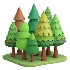 3D Cartoon, A forest icon with multiple trees, varying greens and browns., isolated on a transparent background