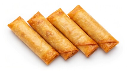 Four Golden Fried Spring Rolls, Appetizing Asian Cuisine, Studio Shot, White Background