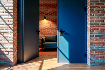 An open blue door in a brick loft reveals a cozy room. A powerful metaphor for opportunity, new beginnings, choices, and modern interior design.