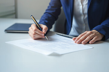 A professional in a suit signs a contract. A powerful image symbolizing agreement, commitment, and important business deals.