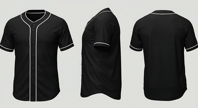 A black baseball jersey with white trim, displayed from front, back, and side