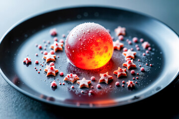 A gourmet dessert resembling a glowing galaxy with edible stars. A concept for fine dining, culinary art, and innovative gastronomy.