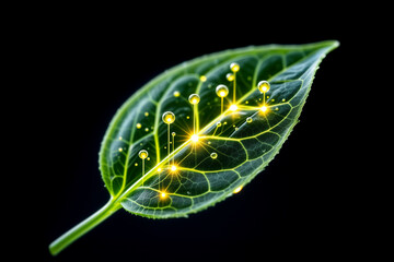 A leaf with a glowing network of energy inside. A powerful concept for green technology, bioenergy, sustainable innovation, and future solutions.
