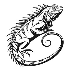 Stylized black iguana silhouette with intricate tribal patterns isolated on white background silhouette