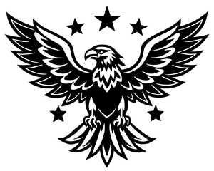 Majestic eagle with wings spread and stars silhouette isolated on white background