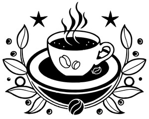 Stylized coffee cup with steam and coffee beans silhouette isolated on white background