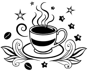 Steaming coffee cup with stars and swirls silhouette isolated on white background
