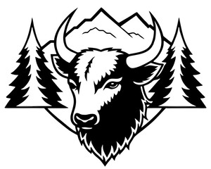 Bison head silhouette with mountains and pine trees isolated on white background