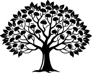 Stylized black tree with round leaves and branches silhouette isolated on white background