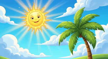 A Cartoon Sun Shining Over a Tropical Palm Tree on a Sunny Day