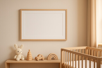 Horizontal frame mockup hanging on beige wall in a minimalist Scandinavian style nursery with wooden crib and toys.