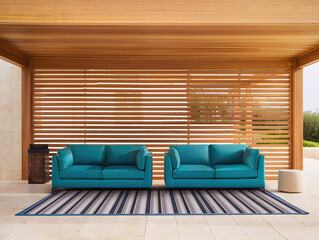 Photo of two modern teal sofas arranged on a striped rug under a wooden slatted canopy
