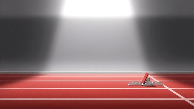 Single red starting block positioned on a red running track under bright stadium lights