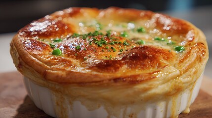 A creamy chicken pot pie with golden, flaky pastry crust on top