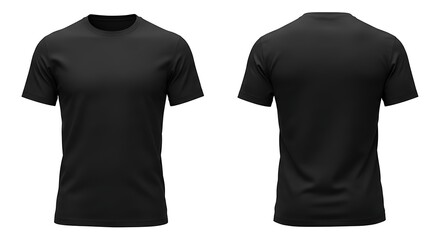 Front and back view of a plain black tshirt isolated on white background