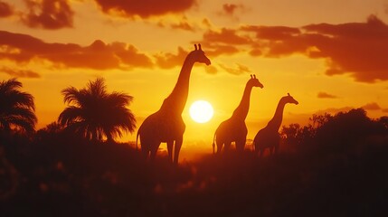 Wildlife silhouettes in african sunset landscape painting high resolution picture