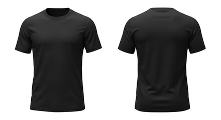 Front and back view of a plain black tshirt isolated on white background