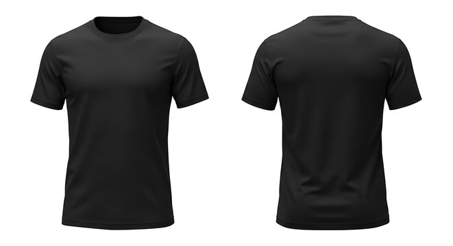 Front and back view of a plain black tshirt isolated on white background
